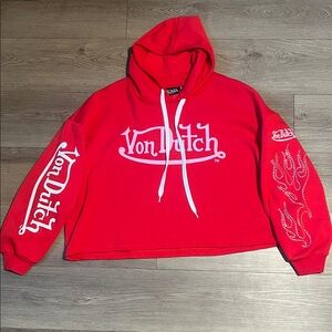 Von Dutch Red Crop Top Hoodie with White Accents